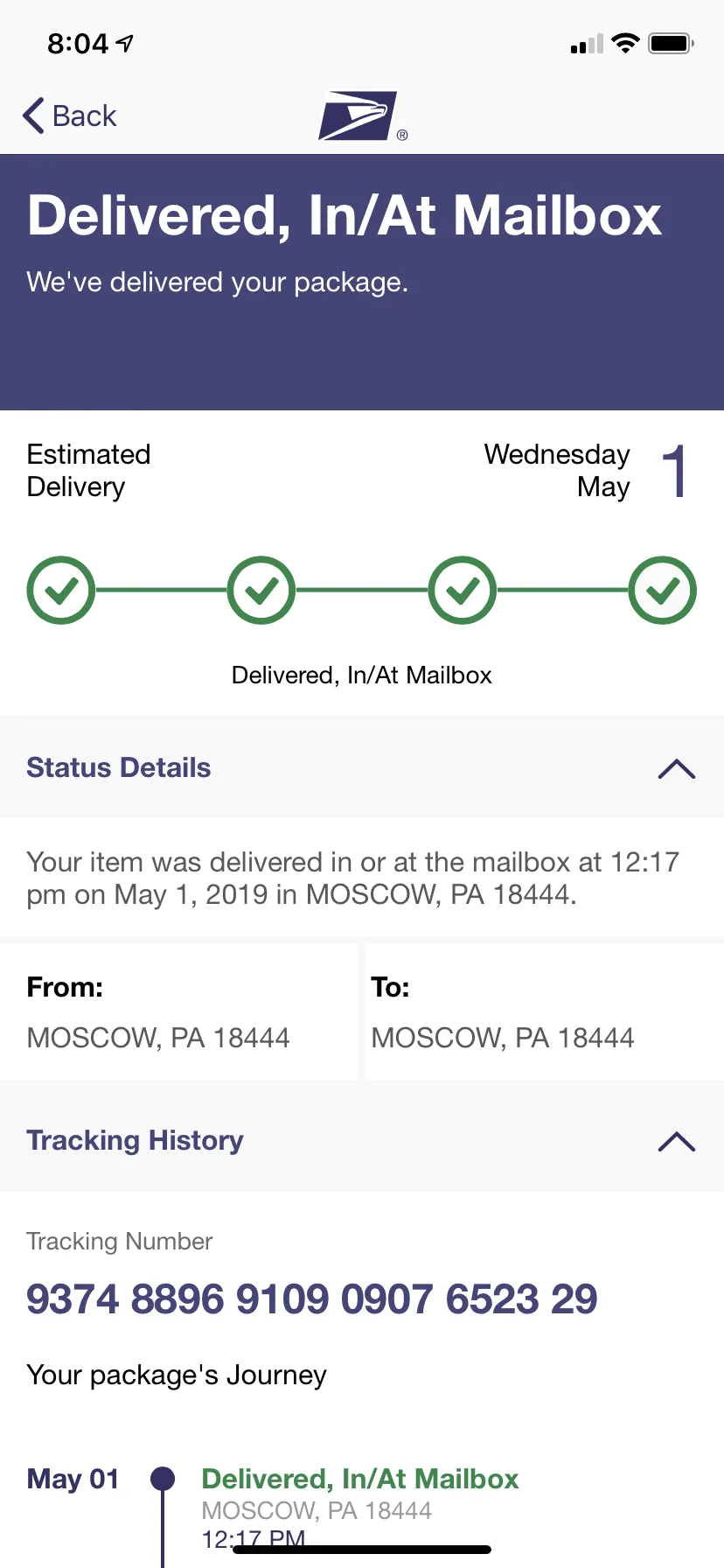 USPS app: tracking